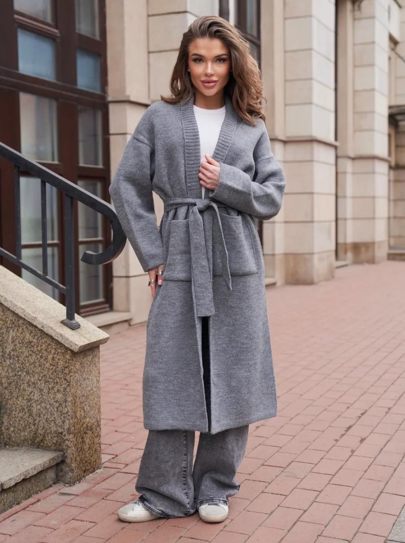 Damen Strickmantel mit Gürtel und praktischen Taschen Krohn-e