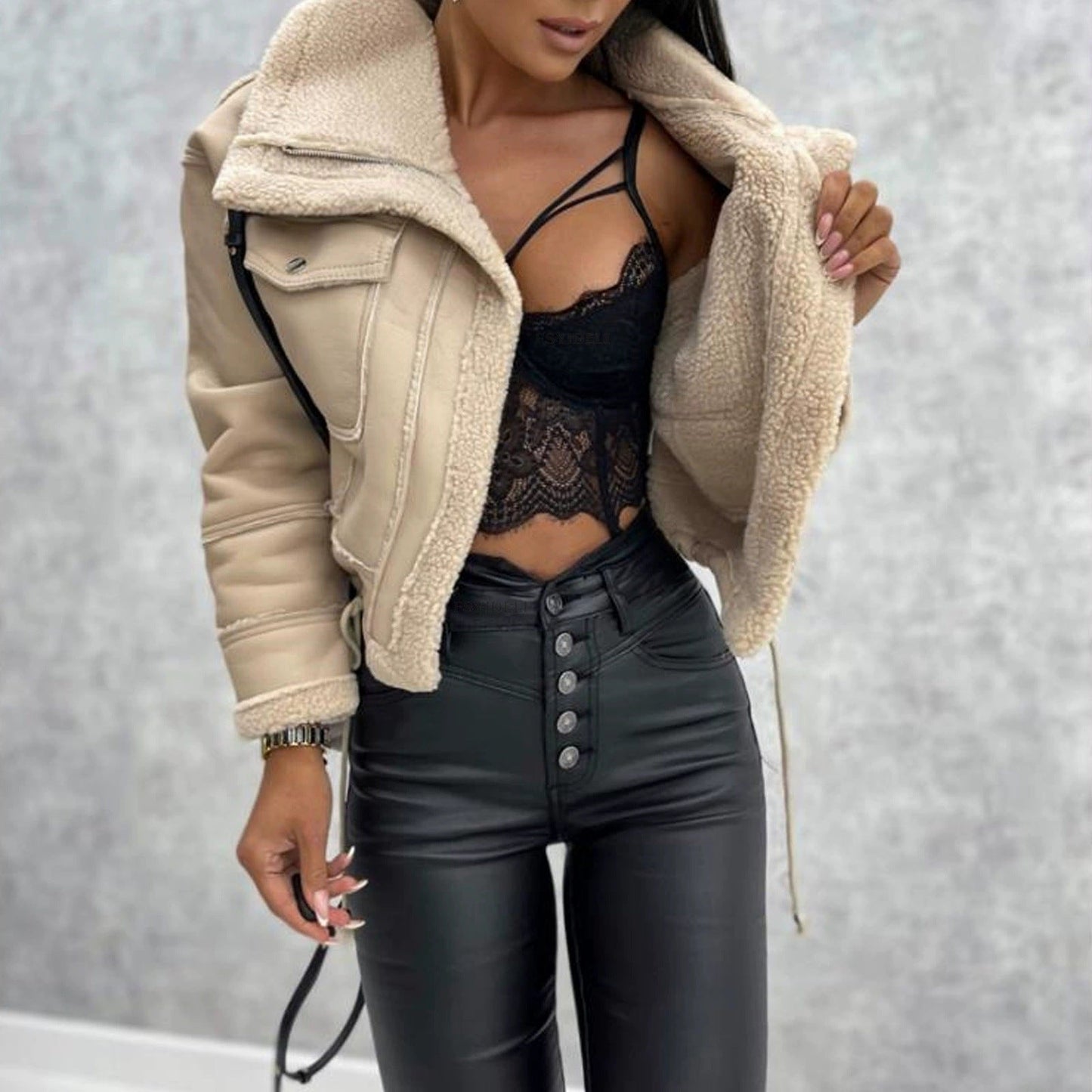 Damen cropped Bikerjacke mit Lammfell Krohn-e