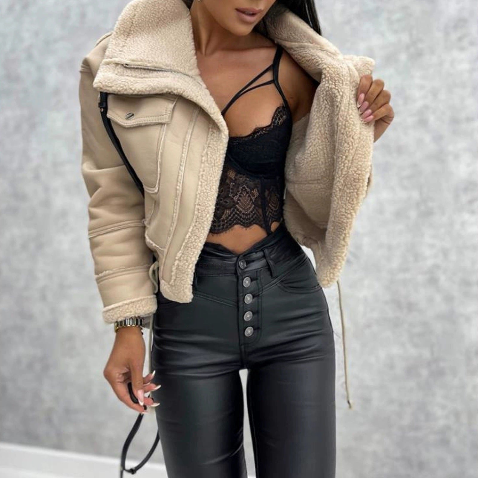 Damen cropped Bikerjacke mit Lammfell Krohn-e