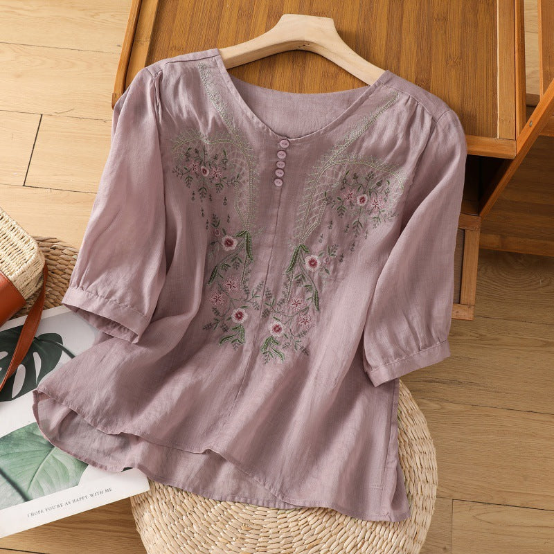 KROHN-E Damen Bluse Blumenstickerei Entspannte Passform Leicht