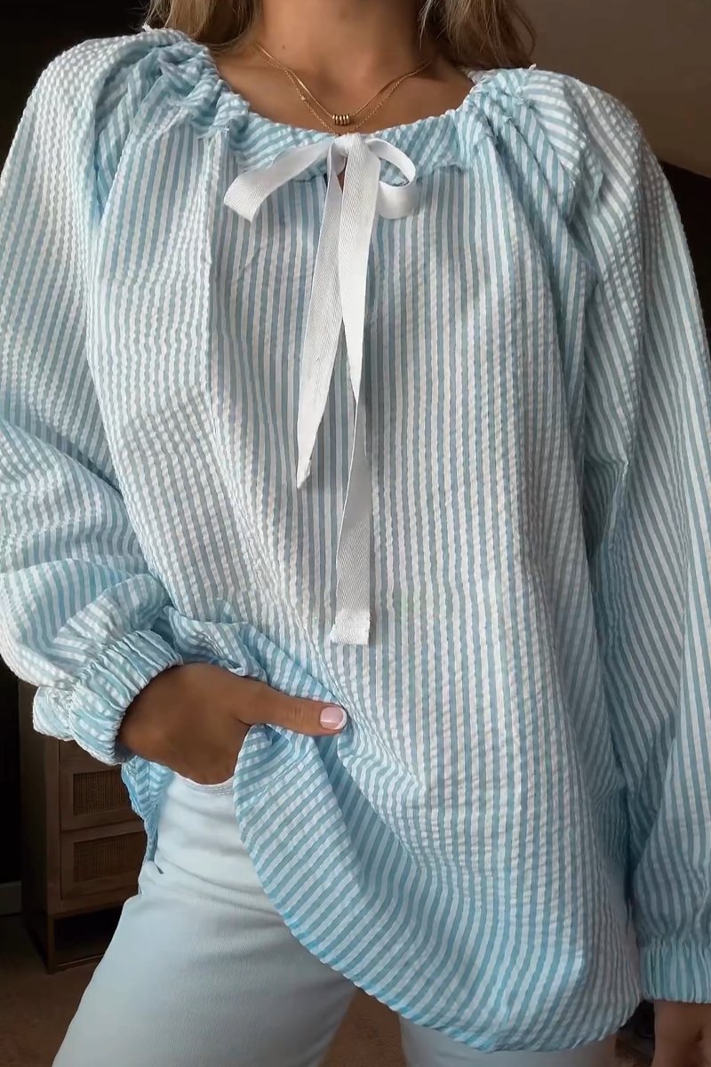 Damen Bluse mit elastischem Ausschnitt und Schleifenbindung Krohn-e