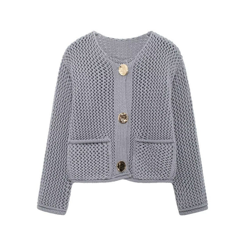 Damen luftige Strickjacke mit durchbrochenem Muster und praktischen Taschen Krohn-e