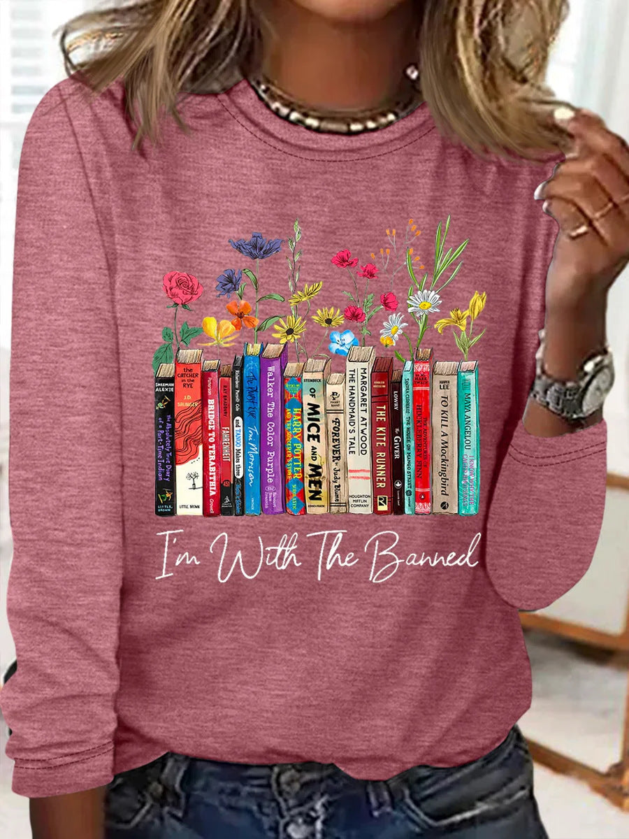Damen Langarmshirt mit Bücher- und Blumenmotiv Krohn-e