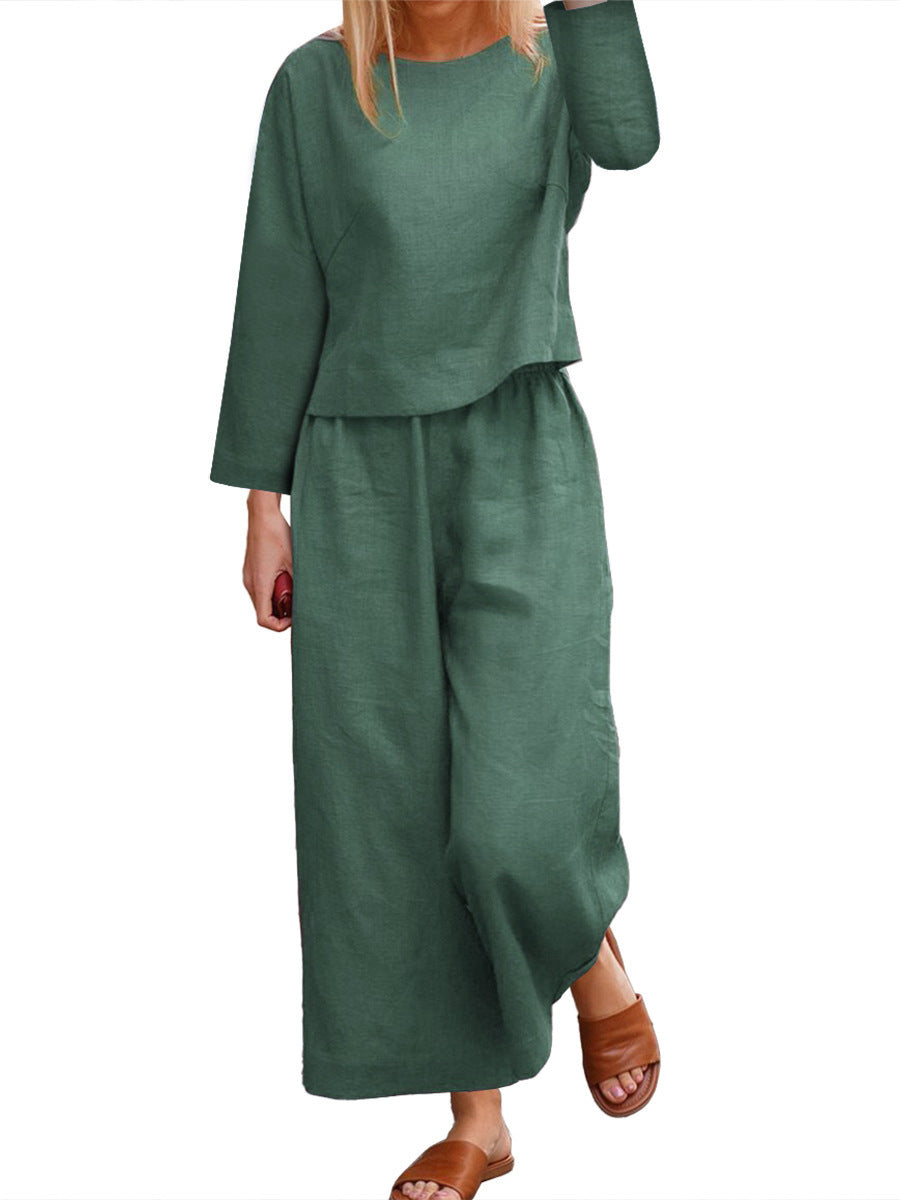 Damen lässiges Leinen-Langarm-Set mit weiten Hosen Krohn-e