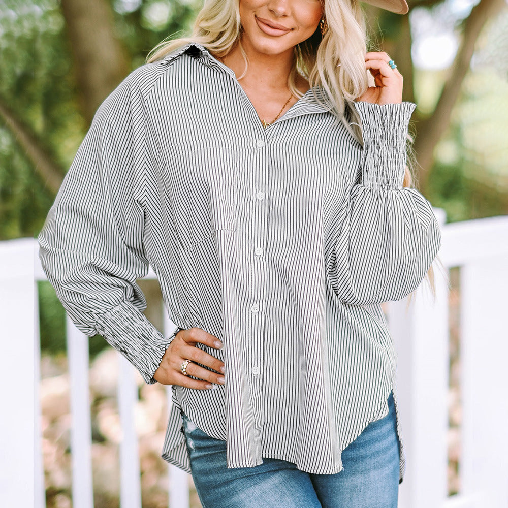KROHN-E Damen Oversized Hemdbluse Gestreift Langarm Hellblau Weiß