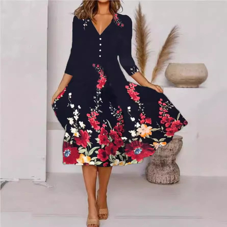 Fudus Kleid: Stilvolles Druckknopf-V-Ausschnitt-Dreiviertelarm-Kleid