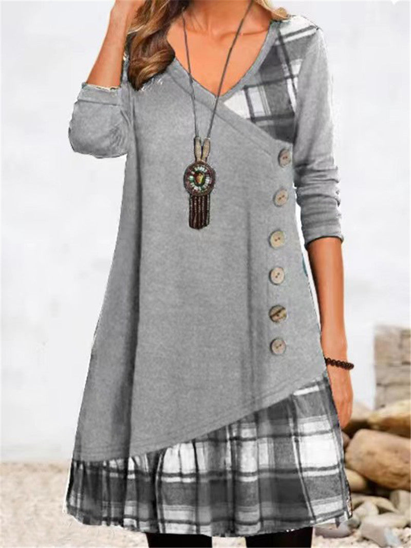 Damen asymmetrisches Freizeitkleid mit kariertem Saum und Knopfdetail Krohn-e