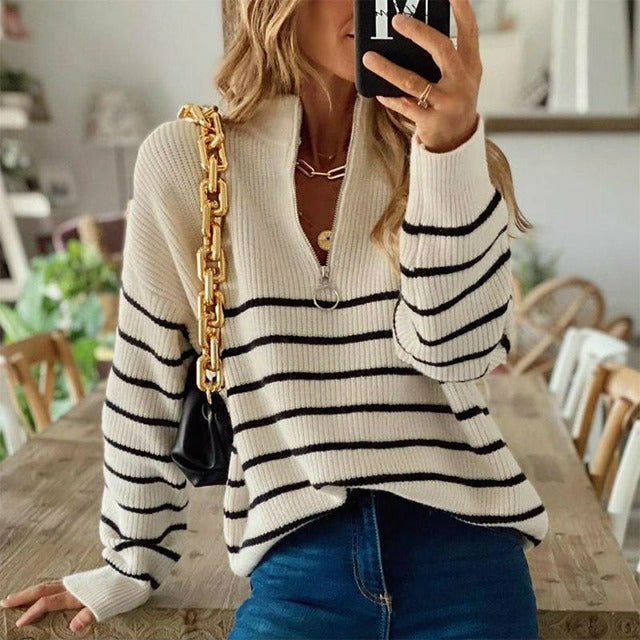 Krohn-e | Pullover - Damen Herbstgestreifter Halb-Zip Strickpullover