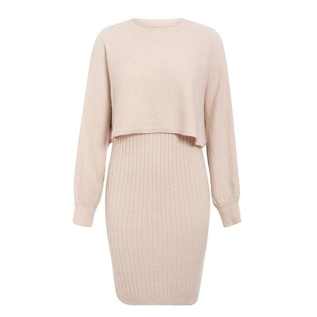 Damen Strickkleid mit kontrastierendem Oberteil und geripptem Rock Krohn-e
