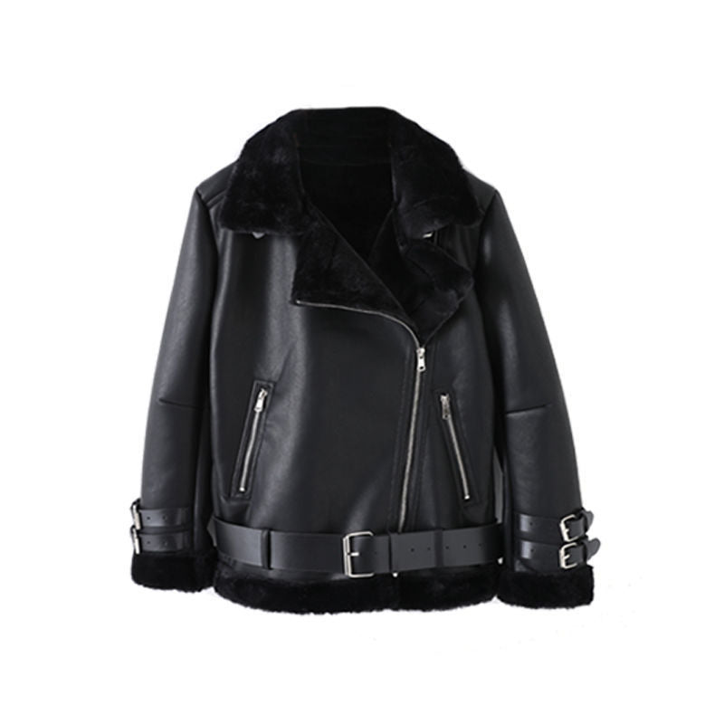 Damen Kunstlederjacke mit abnehmbarem Fellkragen und verstellbarem Gürtel Krohn-e