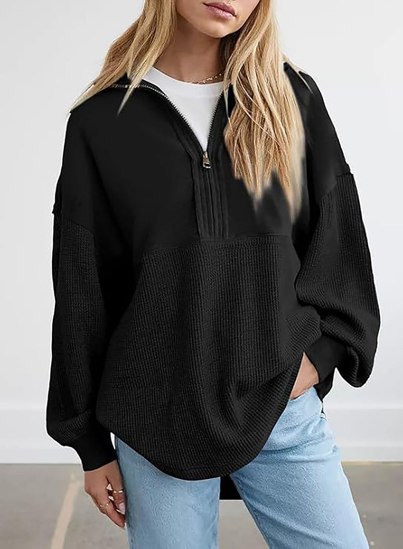 Damen lässiger Kapuzenpullover mit halblangem Reißverschluss und strukturiertem Material Krohn-e
