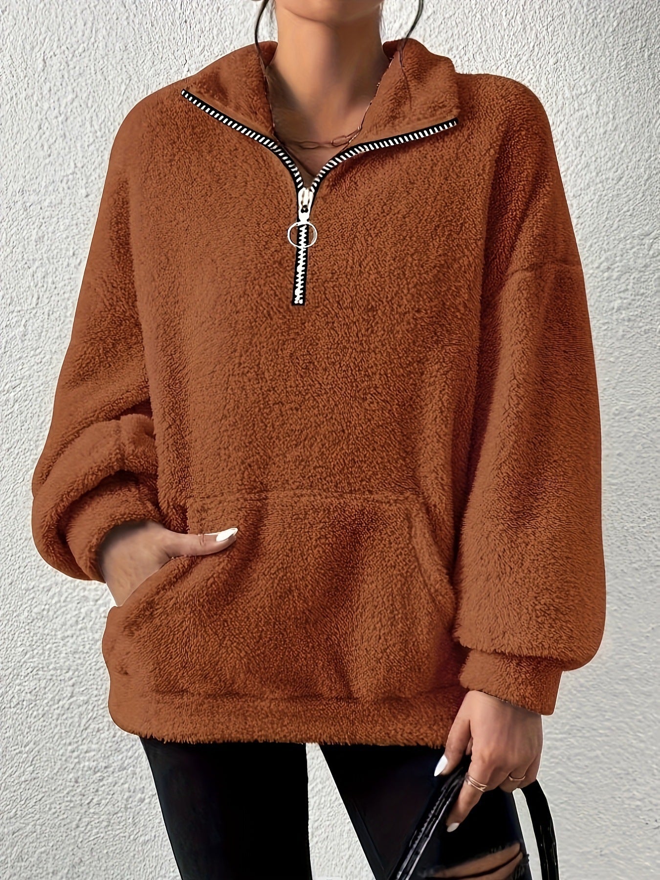 Damen kuscheliger Fleece-Pullover mit halbem Reißverschluss und Seitentaschen Krohn-e