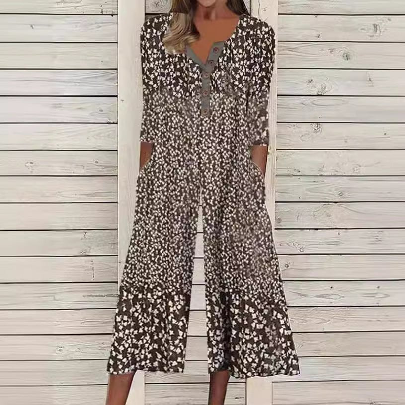 KROHN-E Damen Jumpsuit Blätterdruck V-Ausschnitt Wide-Leg