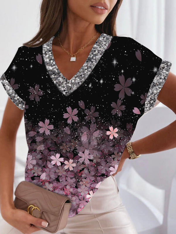 Fudus modisches T-Shirt mit V-Ausschnitt und Fledermausärmeln