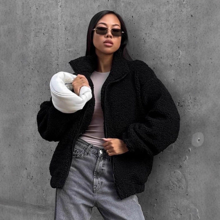 Damen Teddyjacke mit hohem Kragen und voluminösen Ärmeln Krohn-e