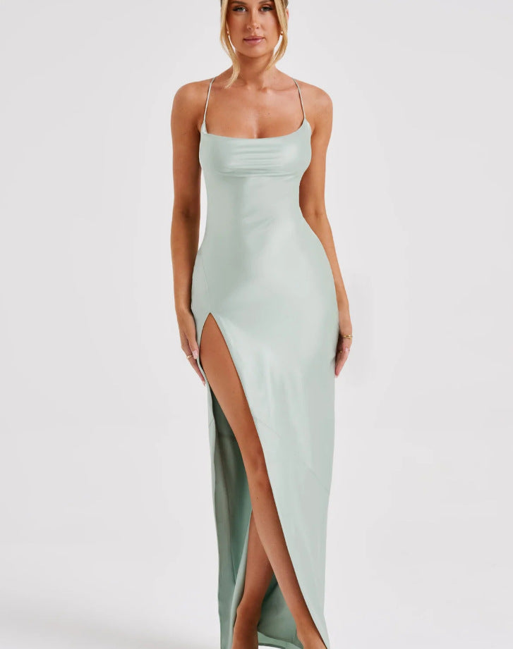 Damen Elegantes Maxikleid mit schmalen Spaghettiträgern und seitlichem Schlitz Krohn-e