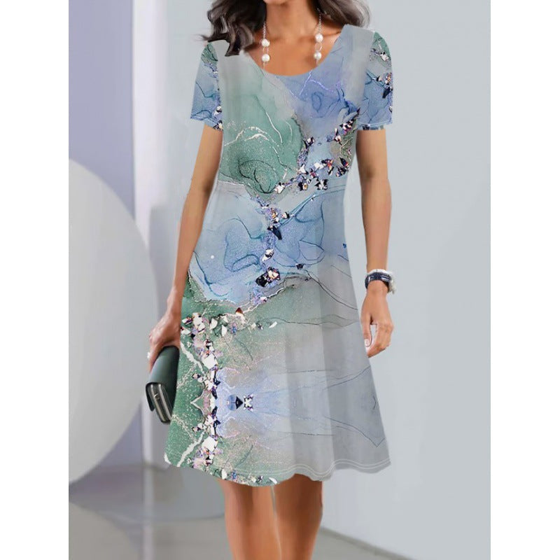 Fudus leichtes Frühlings-Sommer-Midi-Kleid mit Kurzarm und Druck