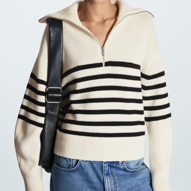 Damen modischer Strickpullover mit halbem Reißverschluss und gestreiftem Design Krohn-e