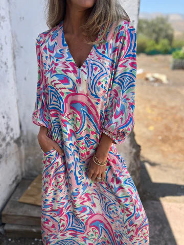 Elegantes Damenkleid mit Print, V-Ausschnitt, für Frühling und Sommer von Fudus