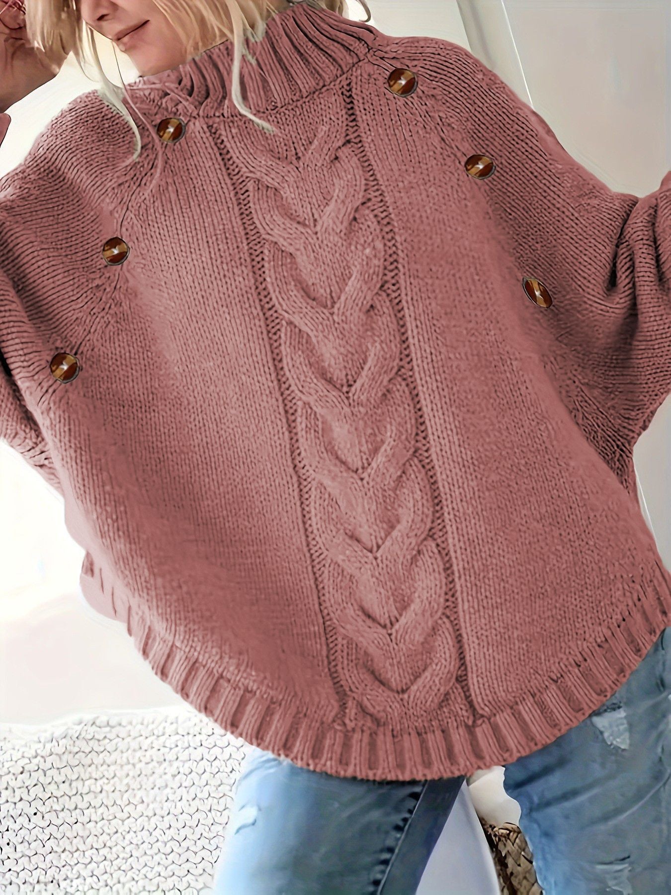 Damen Oversized Strickpullover mit Hochkragen und dekorativen Knopfdetails Krohn-e