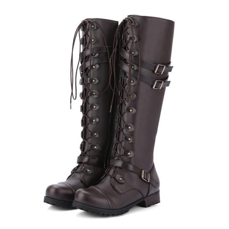 Krohn-e | Wasserdichte Kunstleder Kniehohe Stiefel mit Runder Kopf und Gurtverschluss