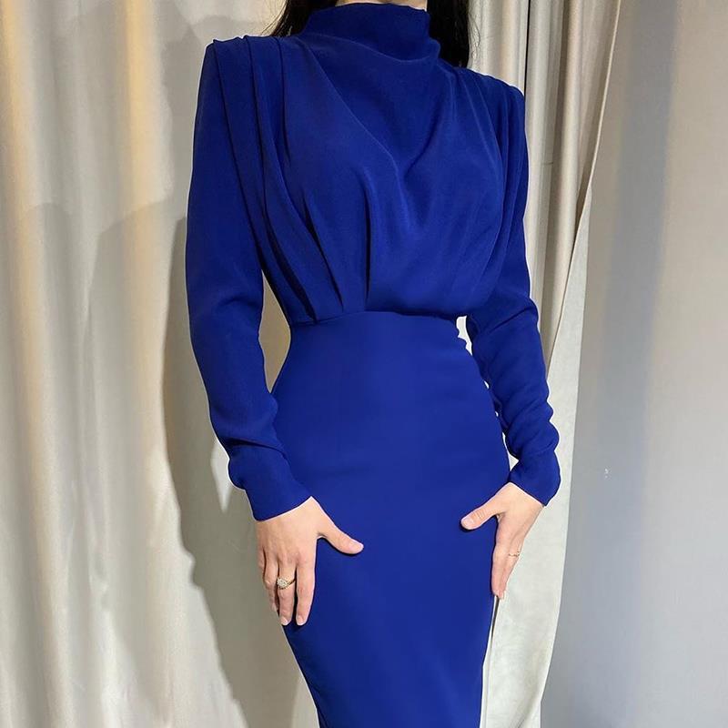 Damen Bodenkontakt Kleid mit elegantem Stehkragen und Raffungen Krohn-e