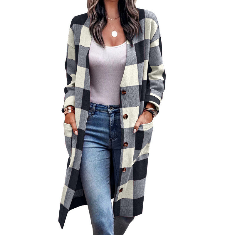Damen Längerer Karokartenjacke mit Taschen Krohn-e