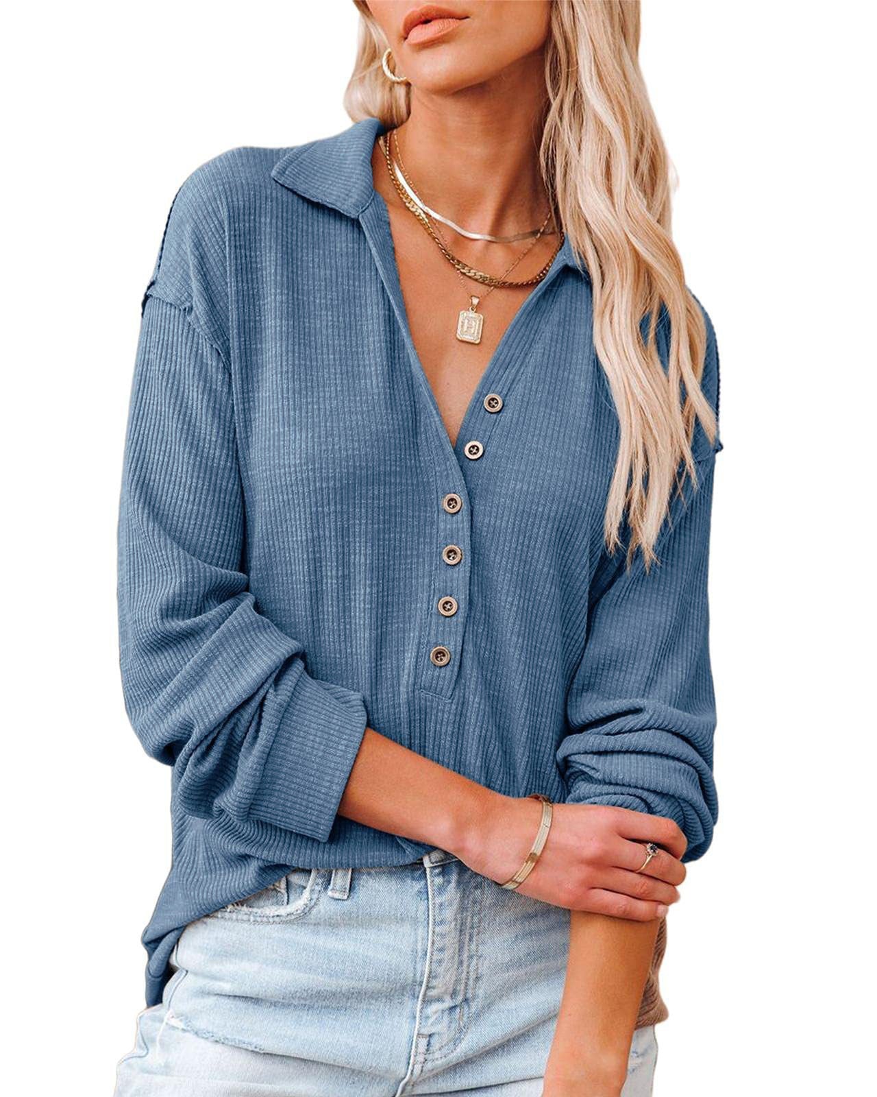 Damen lässiges Langarmhemd mit Knopfleiste und strukturiertem Muster Krohn-e