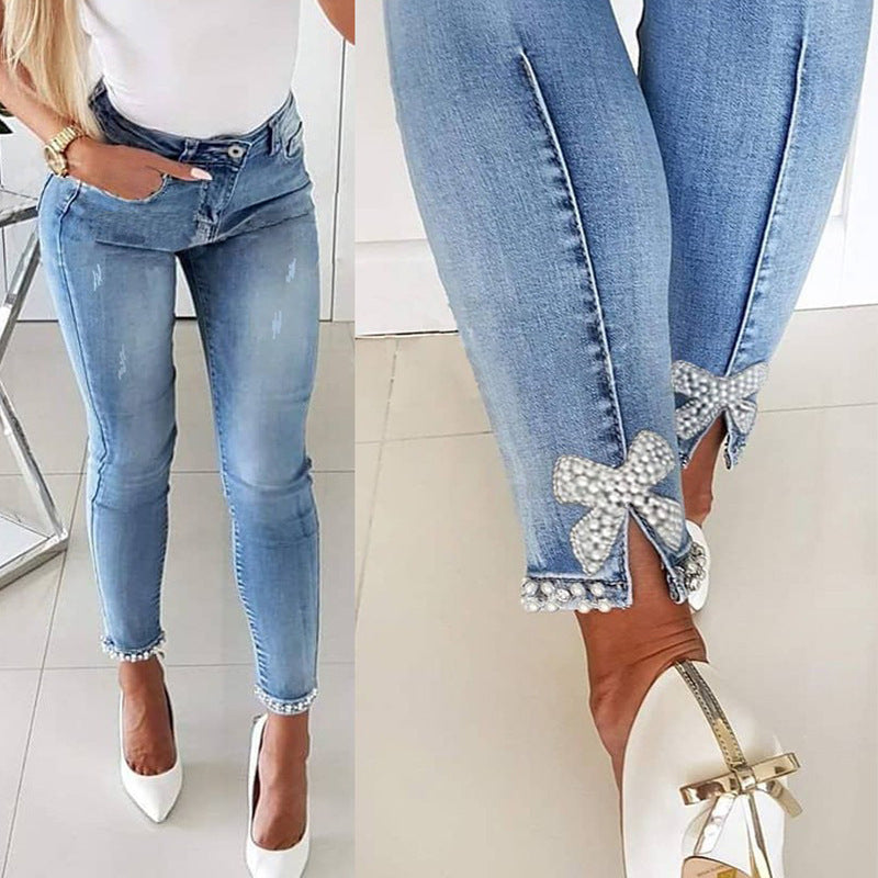 Damen Skinny Jeans mit Perlen- und Schleifendetails Krohn-e