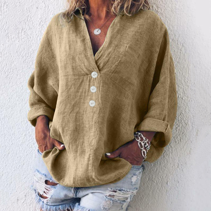 Cleo | Damen Bluse Oversize V-Ausschnitt Langarm Casual