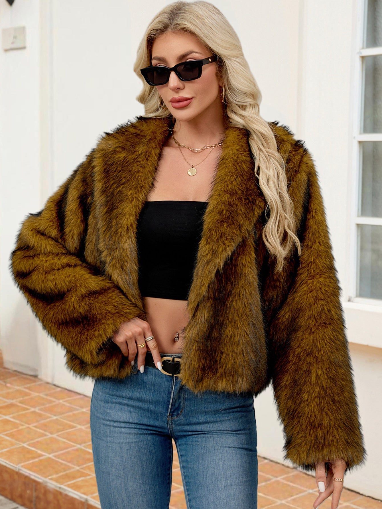 Damen Flauschige Kunstfelljacke mit elegantem Revers Krohn-e