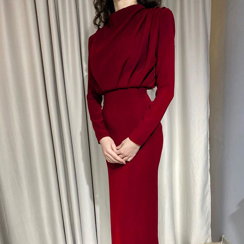 Damen Bodenkontakt Kleid mit elegantem Stehkragen und Raffungen Krohn-e