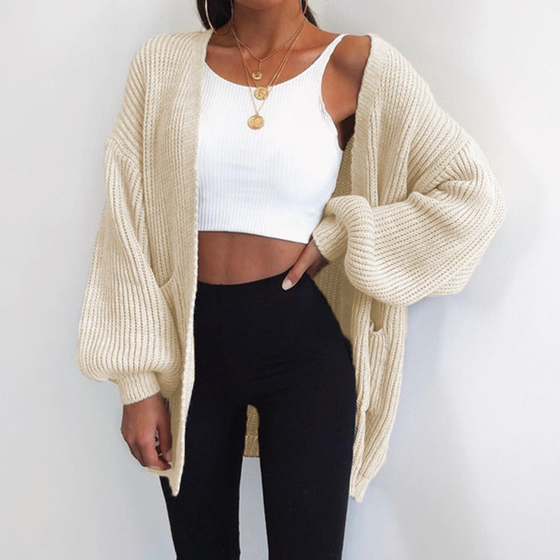 Damen Grobstrick-Cardigan mit weitem Schnitt und lässigen Puffärmeln Krohn-e