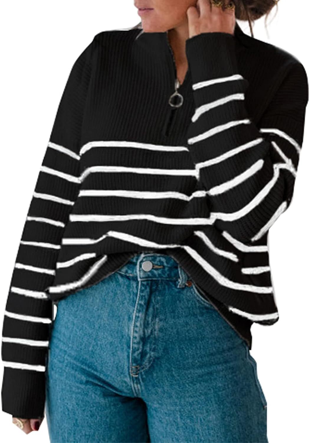 Damen lässiger Pullover mit kurzem Reißverschluss und Streifenmuster Krohn-e