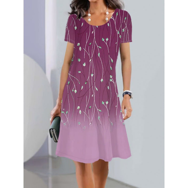 Fudus leichtes Frühlings-Sommer-Midi-Kleid mit Kurzarm und Druck