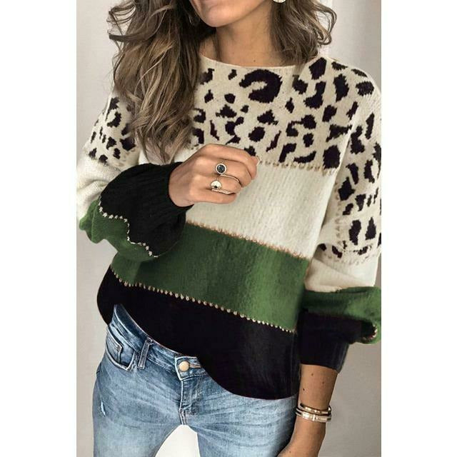 Krohn-e | Pullover - Damen Herbst Leopard Patchwork Strickpullover