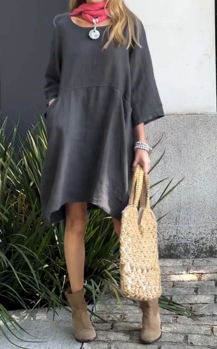Damen lässiges Leinenkleid mit praktischen Taschen und asymmetrischem Saum Krohn-e