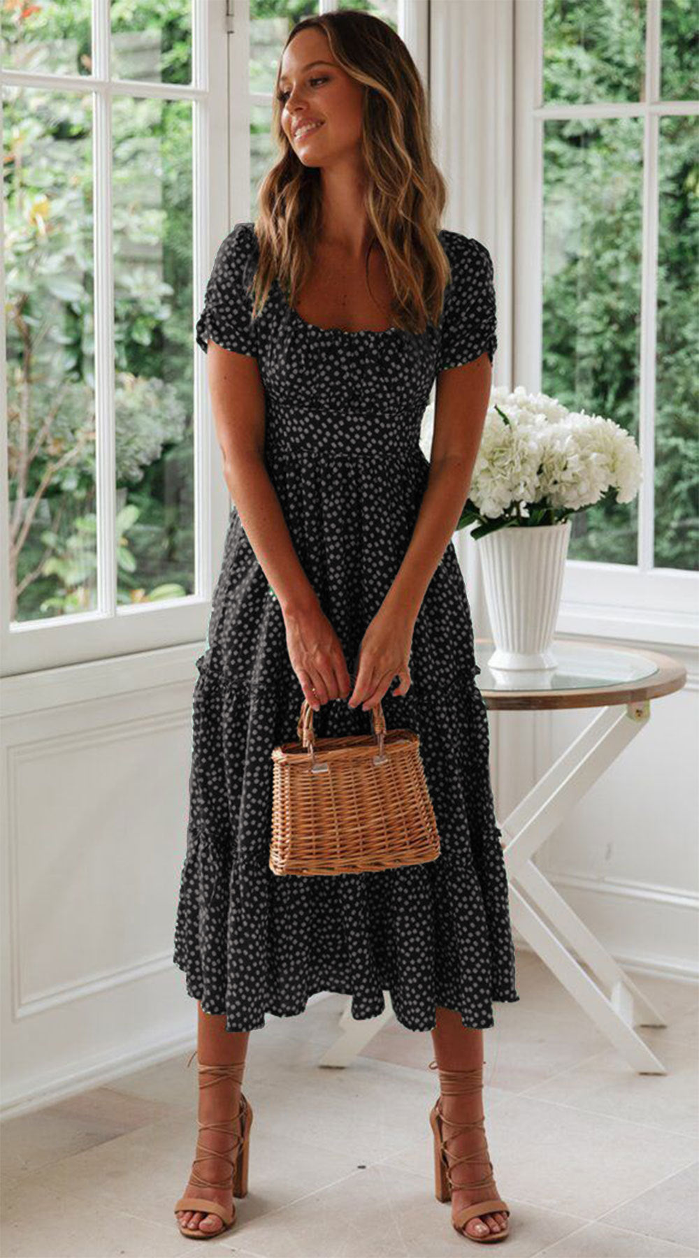 Fudus Quadratischer Ausschnitt Puffärmel Blumenkleid