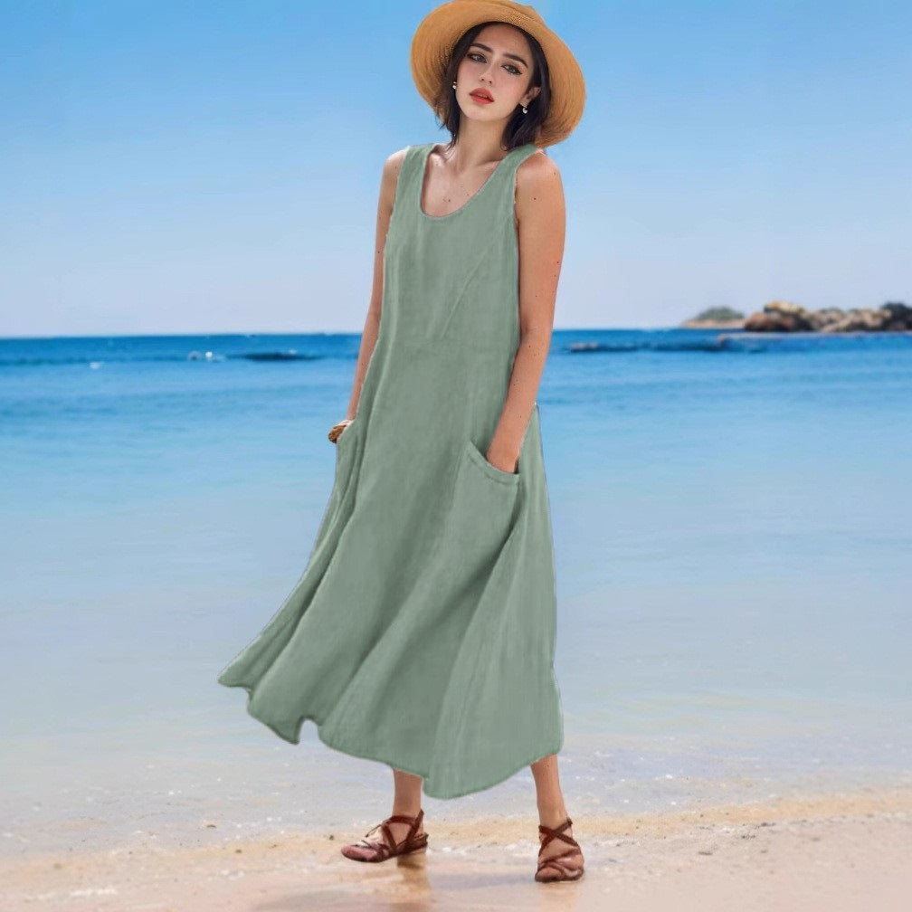 Sommerkleid aus Leinen, ärmellos, Rundhals, mit Tasche von Fudus