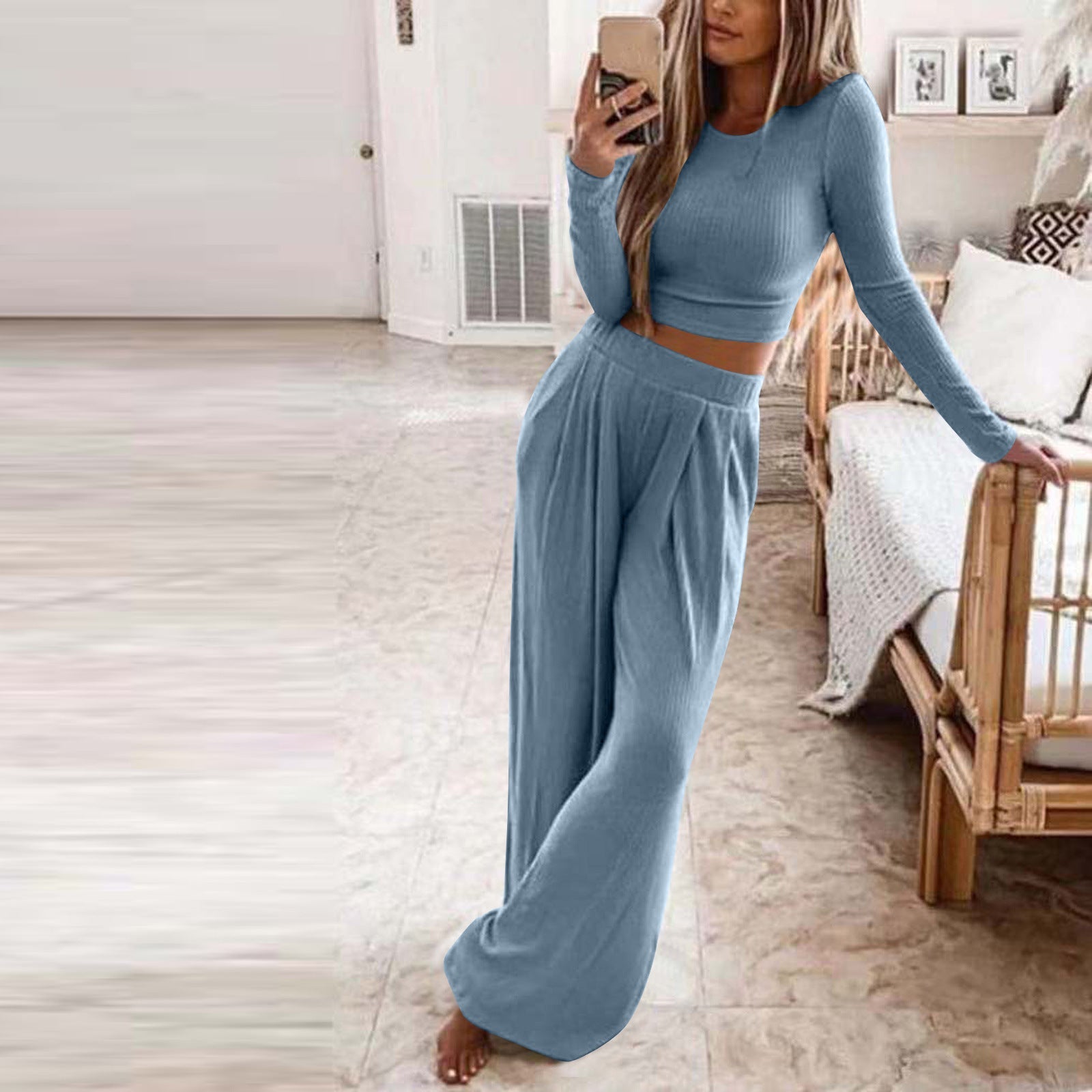 Damen Elegantes Lounge-Set mit langärmeligem Oberteil und weiten Hosen Krohn-e
