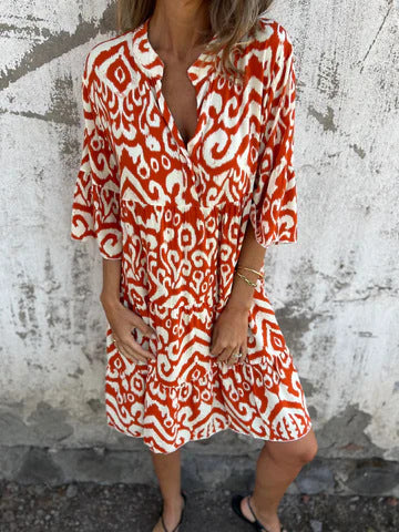 Elegantes Fudus Kleid mit Frühlings-Sommer-Print, Volants und V-Ausschnitt