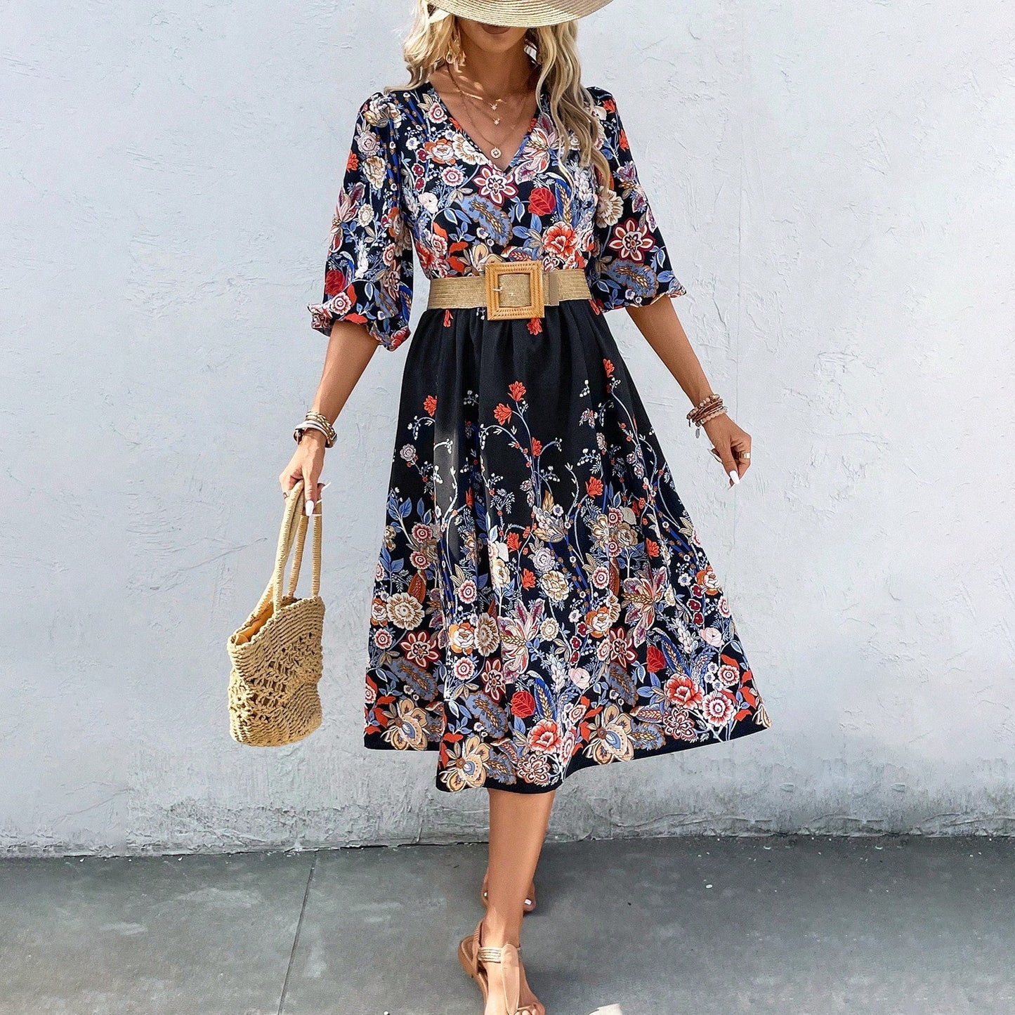 Fudus bedrucktes Lantern-Ärmel-Kleid mit Gürtel und V-Ausschnitt