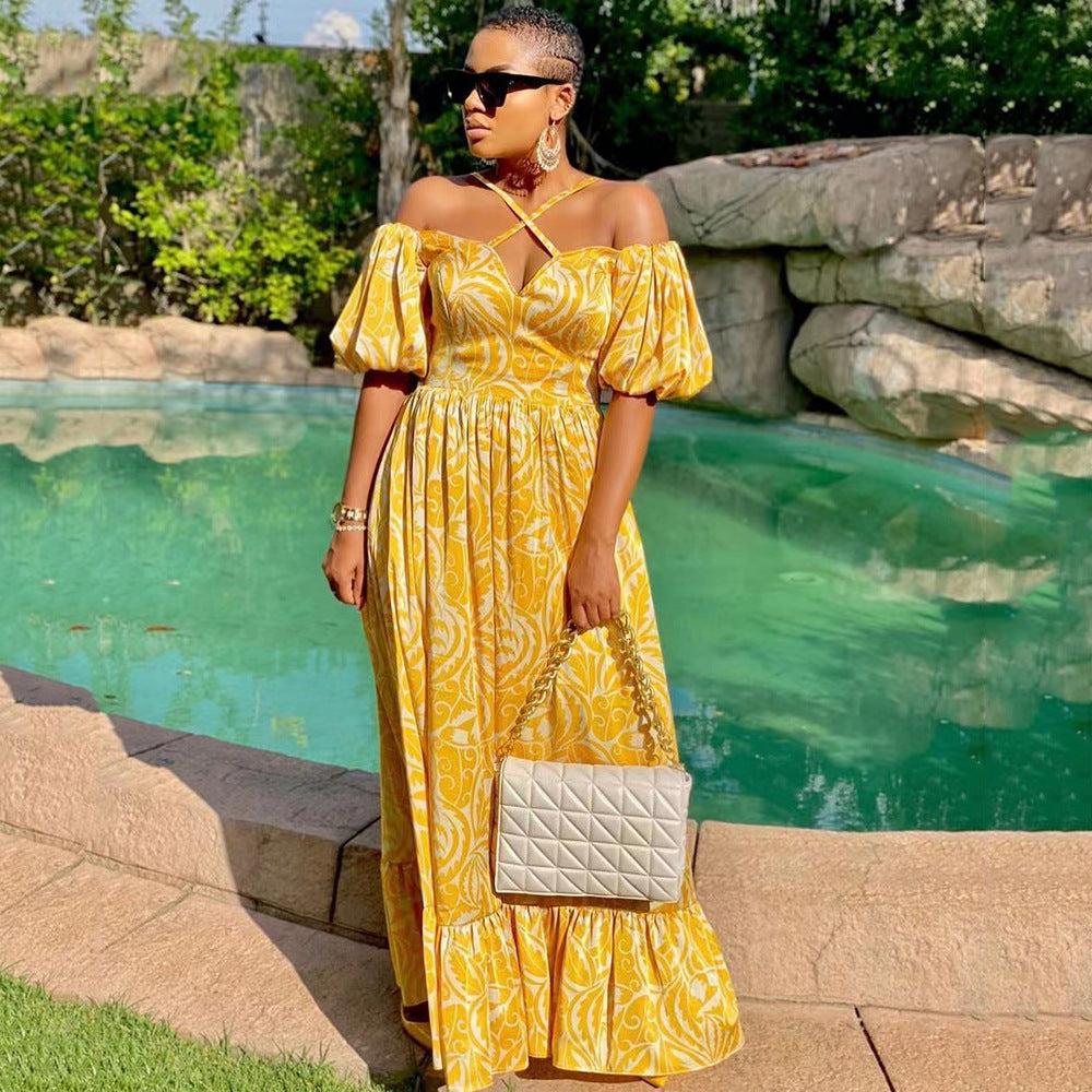 Fudus: Edles Maxikleid mit Schlitzsaum und V-Ausschnitt, off-shoulder