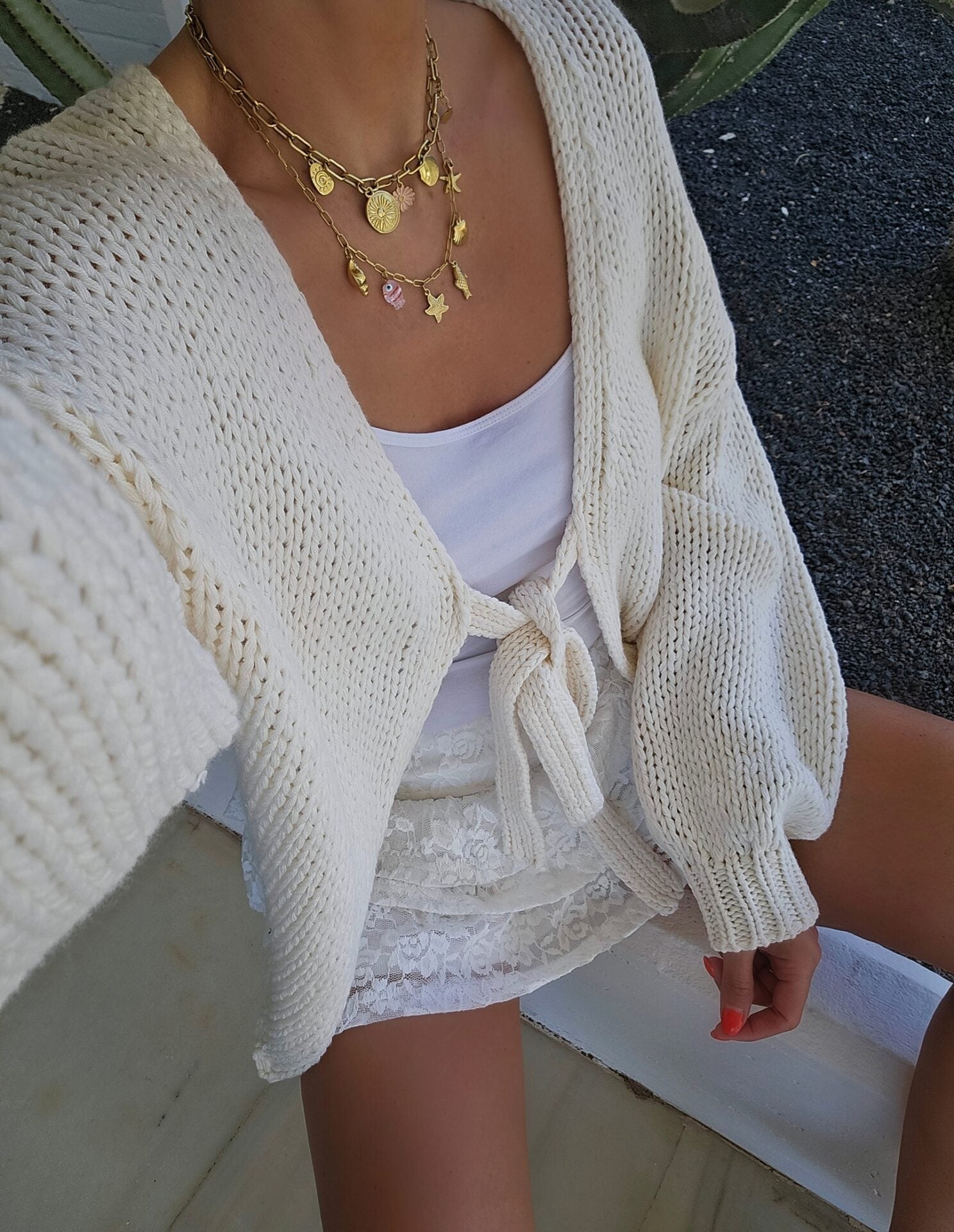 Damen lässige Strickjacke mit Bindeverschluss und weiten Ärmeln Krohn-e