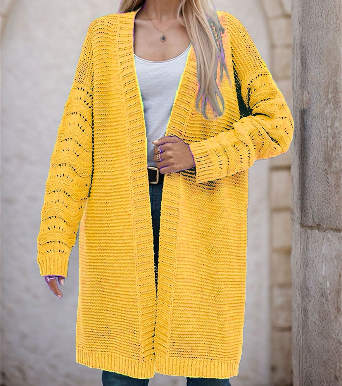Damen Langer Strickcardigan mit luftiger Maschenstruktur und offener Front Krohn-e