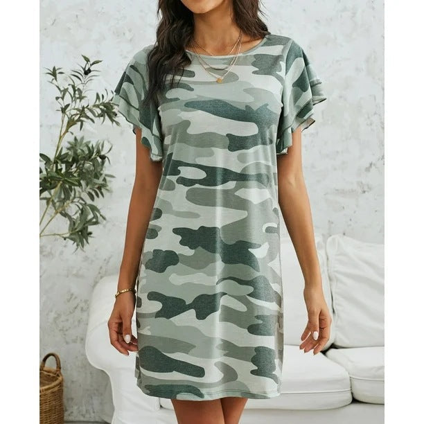 Damen Freizeitkleid mit Rüschendetails und Camouflage-Design Krohn-e