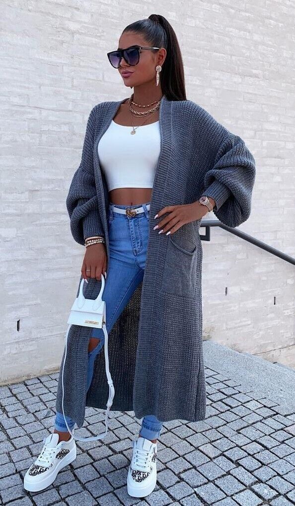 Damen Langer Strickmantel mit großzügigen Taschen Krohn-e