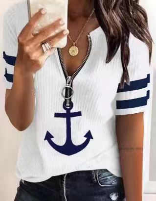 Damen maritim inspirierter Kurzarm Pullover mit Reißverschluss und Anker-Motiv Krohn-e