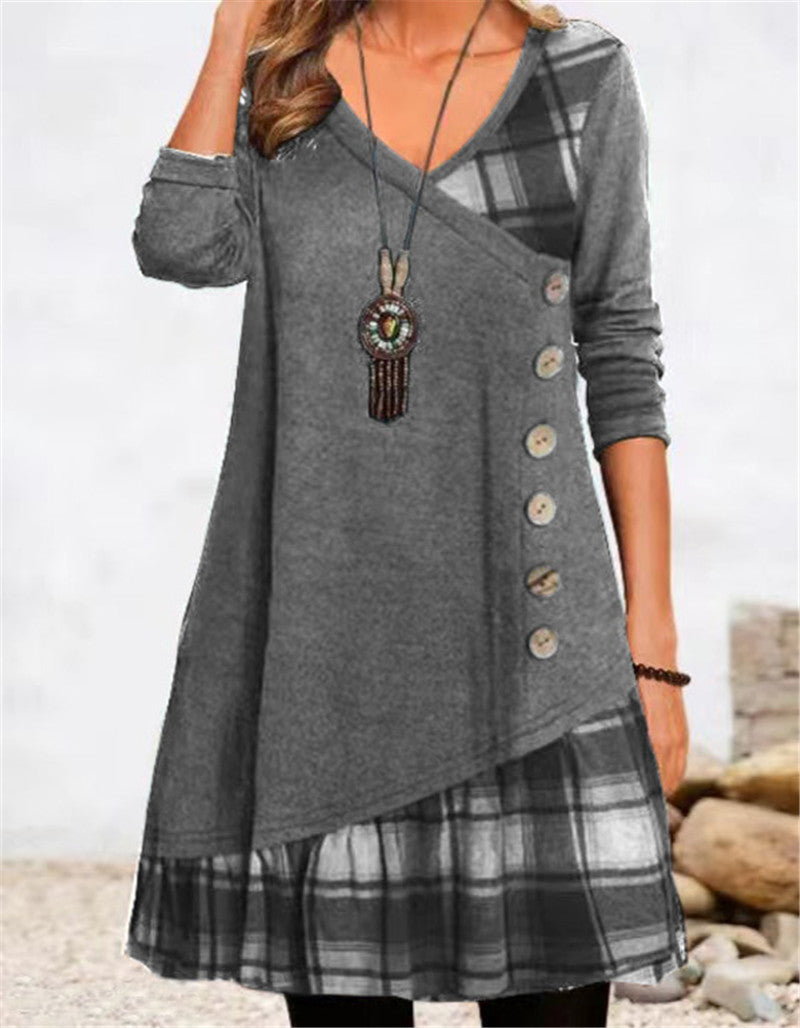 Damen asymmetrisches Freizeitkleid mit kariertem Saum und Knopfdetail Krohn-e