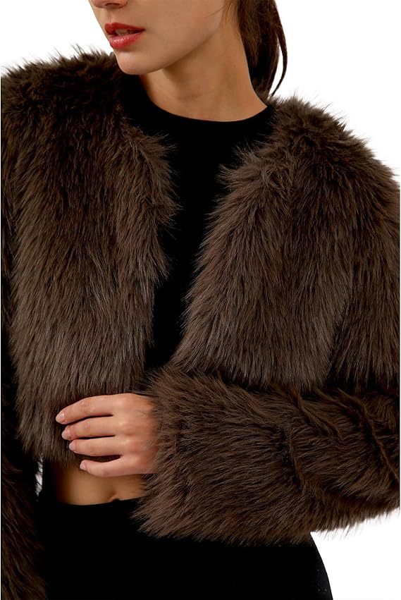 Damen Kurze glamouröse Kunstfelljacke mit lockeren Ärmeln Krohn-e